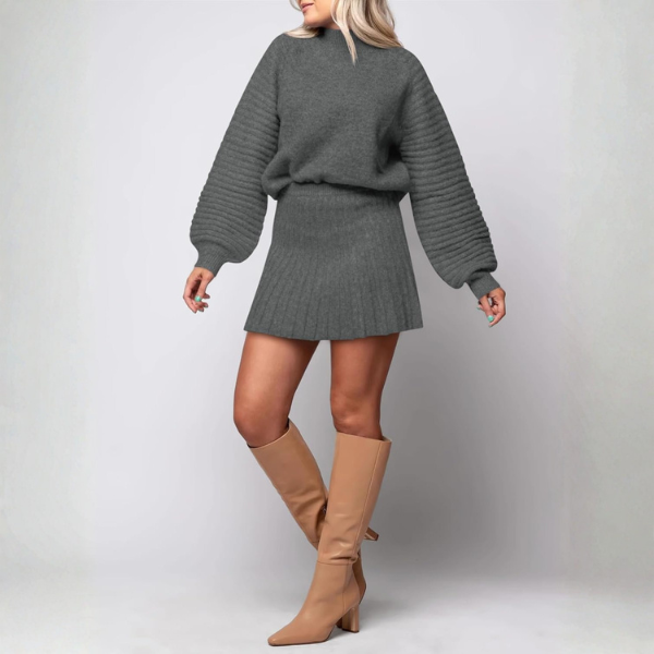 2 Piece Ribbed Knit Puff Sleeve Sweater Top And Mini Skirt Outfit Set