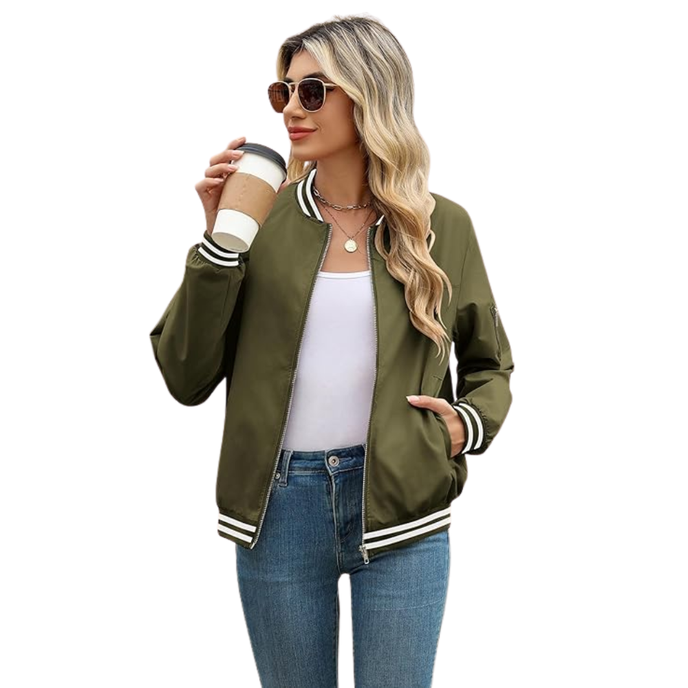 Women Casual Bomber Jacket Zip Up Windbreaker With Pockets