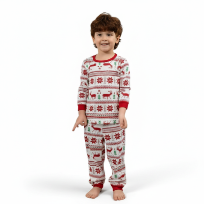 Reindeer And Snow Design Matching Family Christmas Pajamas With Long Sleeve Tops And Loungewear