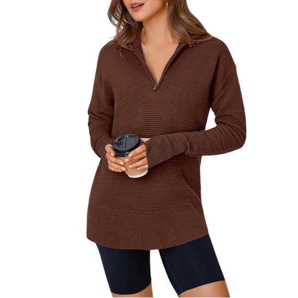 Womens Long Sleeve Quarter Zip Pullover Sweater Casual Loose V Neck Collared Ribbed Knit Jumper Tops Thumb Hole