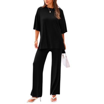 2 Piece Summer Lounge Set With Short Sleeve Top And Pants For Women