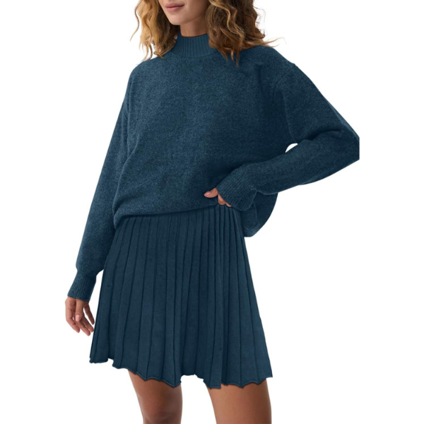 Women's Two Piece Outfits Turtleneck Long Sleeve Ribbed Knit Tops Pleated Mini Skirt 2026 Casual Sweater Sets