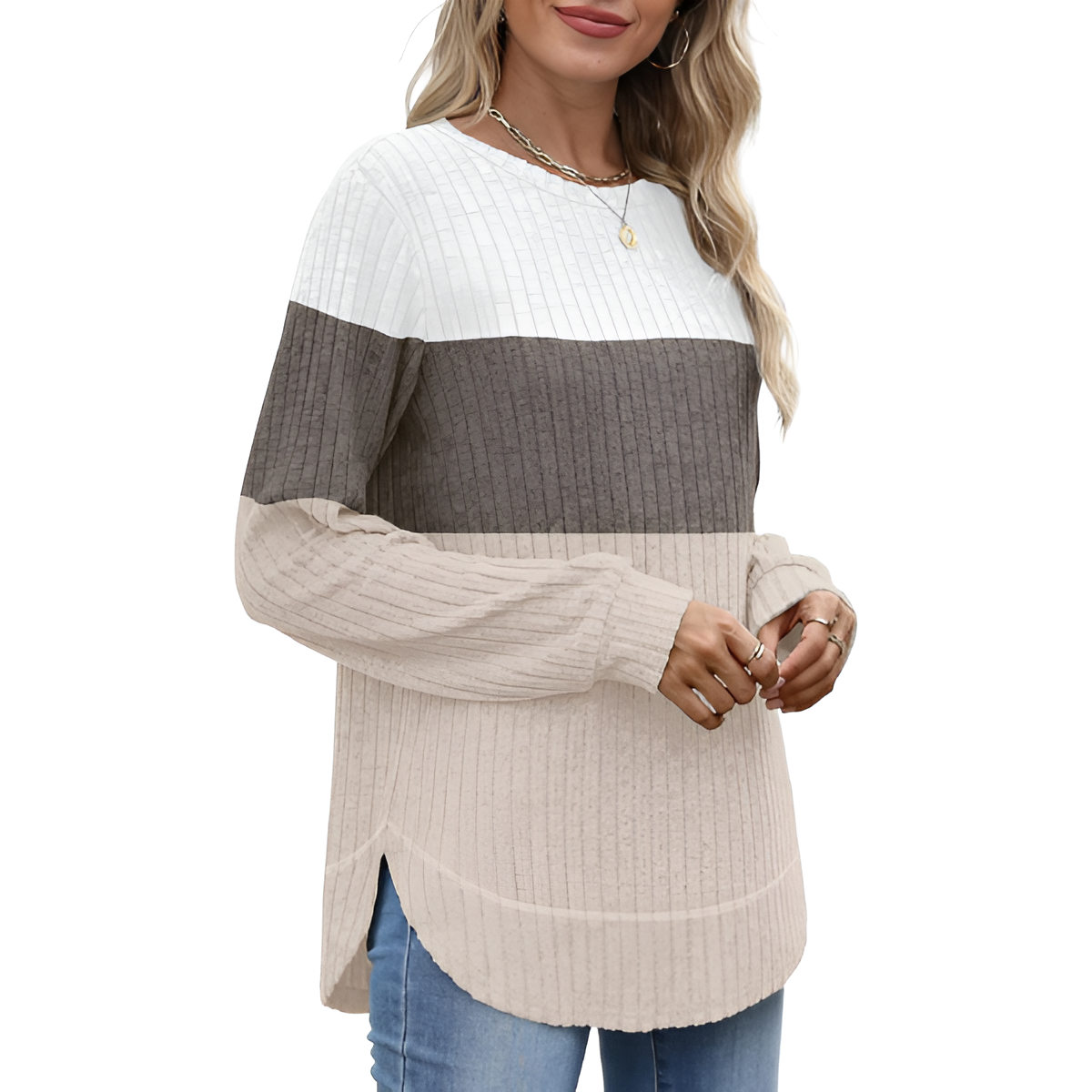 Tunic Tops for Women Loose Fit Dressy Long Sleeve Shirts Womens Sweaters Crew Neck Fall Clothing with Curved Hem