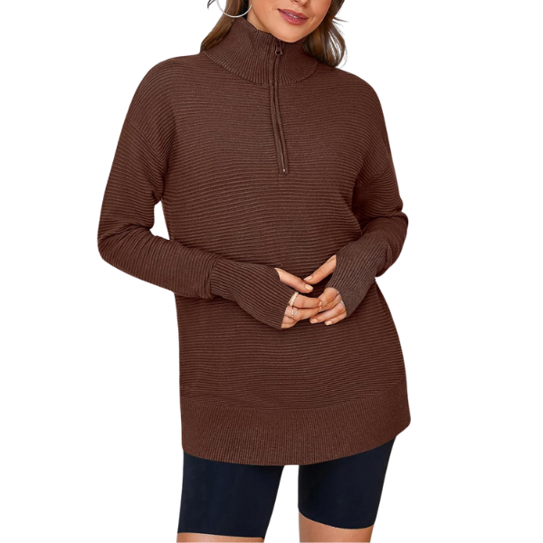 Womens Long Sleeve Quarter Zip Pullover Sweater Casual Loose V Neck Collared Ribbed Knit Jumper Tops Thumb Hole
