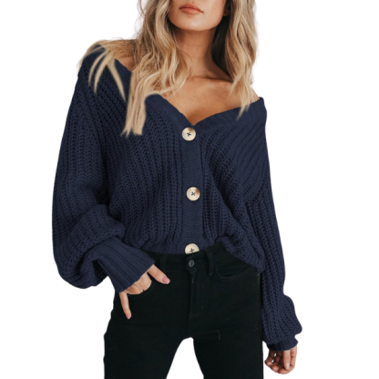 Women's Chunky Knit Open Front Sweater Long Sleeve Button Loose Short Cardigan Outerwear Coats