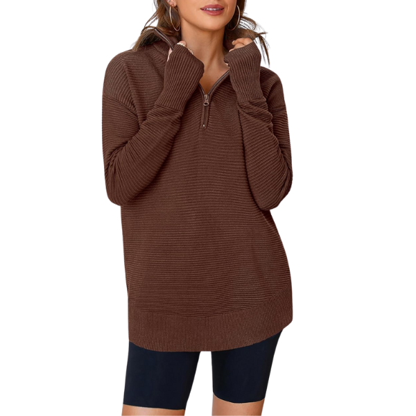 Womens Long Sleeve Quarter Zip Pullover Sweater Casual Loose V Neck Collared Ribbed Knit Jumper Tops Thumb Hole