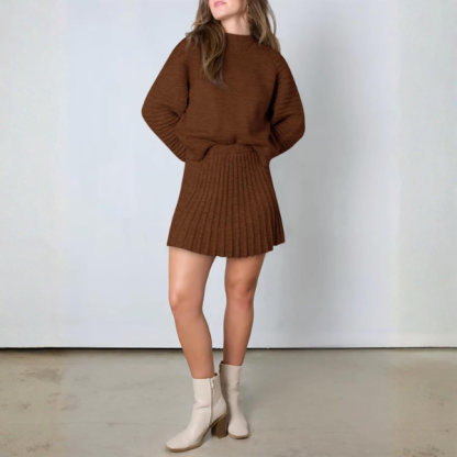 2 Piece Ribbed Knit Puff Sleeve Sweater Top And Mini Skirt Outfit Set