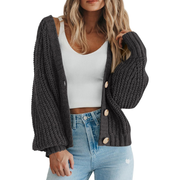 Women's Chunky Knit Open Front Sweater Long Sleeve Button Loose Short Cardigan Outerwear Coats