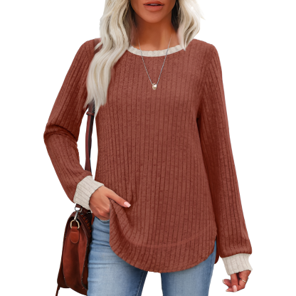 Tunic Tops for Women Loose Fit Dressy Long Sleeve Shirts Womens Sweaters Crew Neck Fall Clothing with Curved Hem