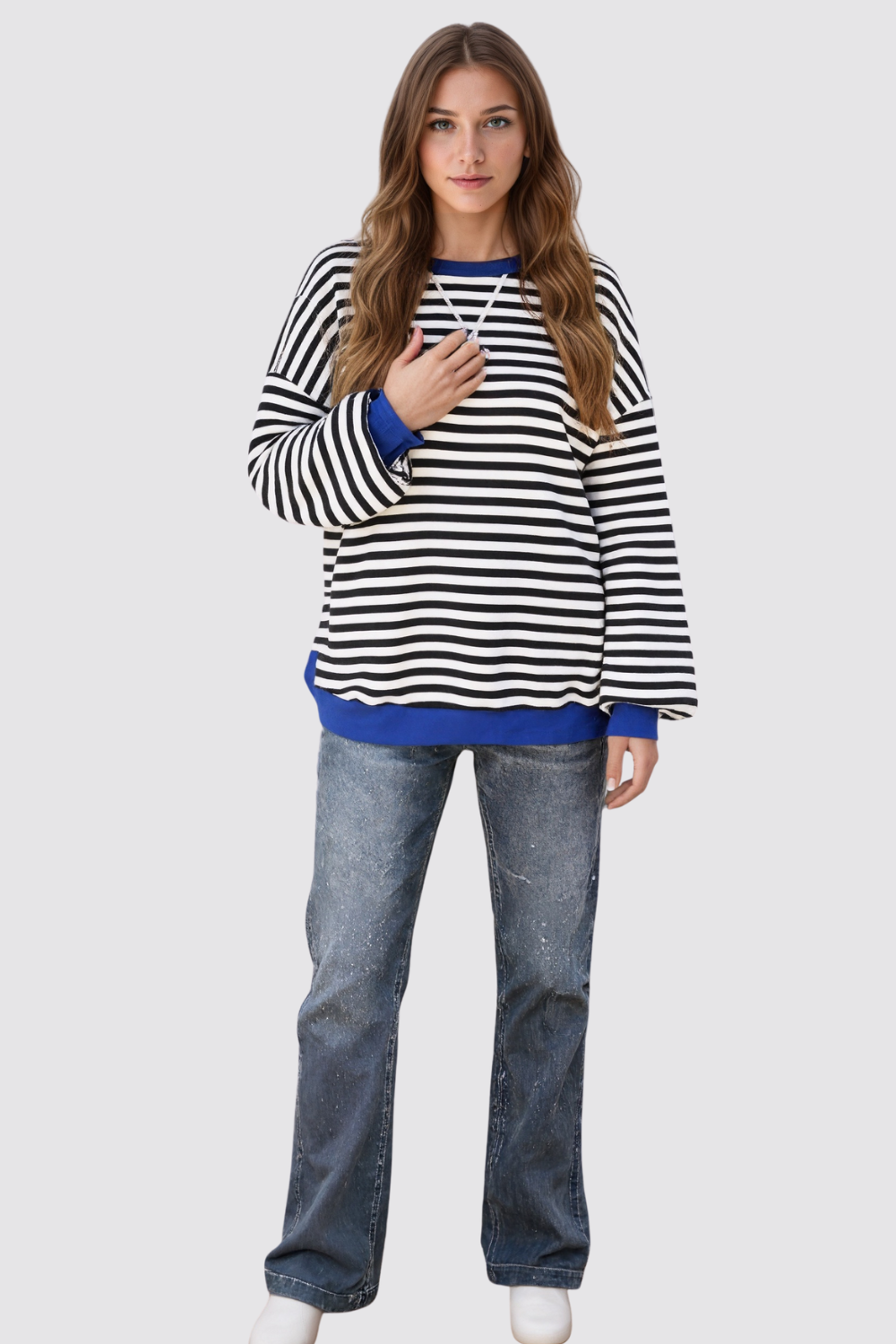 Oversized Striped Crewneck Pullover Long Sleeve Sweatshirt