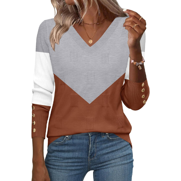 V Neck Sweaters Shirts Long Sleeve Lightweight Ribbed Knit Pullover Sweater Blouse Tops with Buttons Oufits