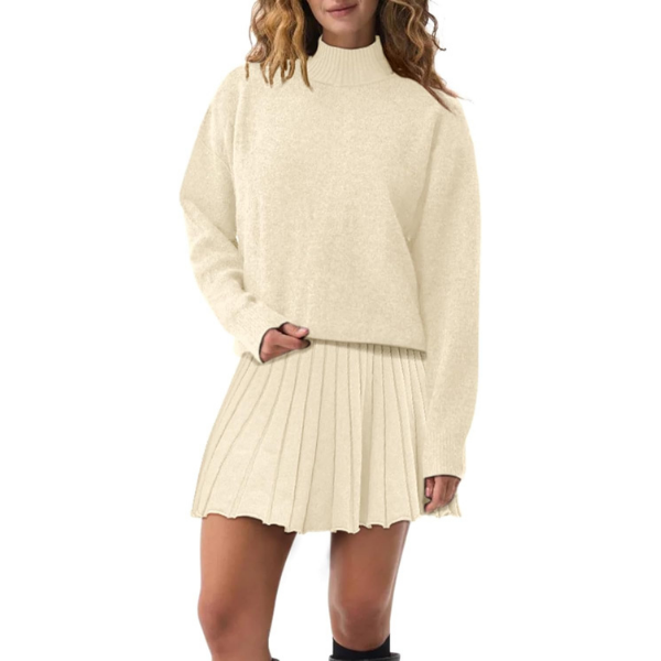 Women's Two Piece Outfits Turtleneck Long Sleeve Ribbed Knit Tops Pleated Mini Skirt 2026 Casual Sweater Sets