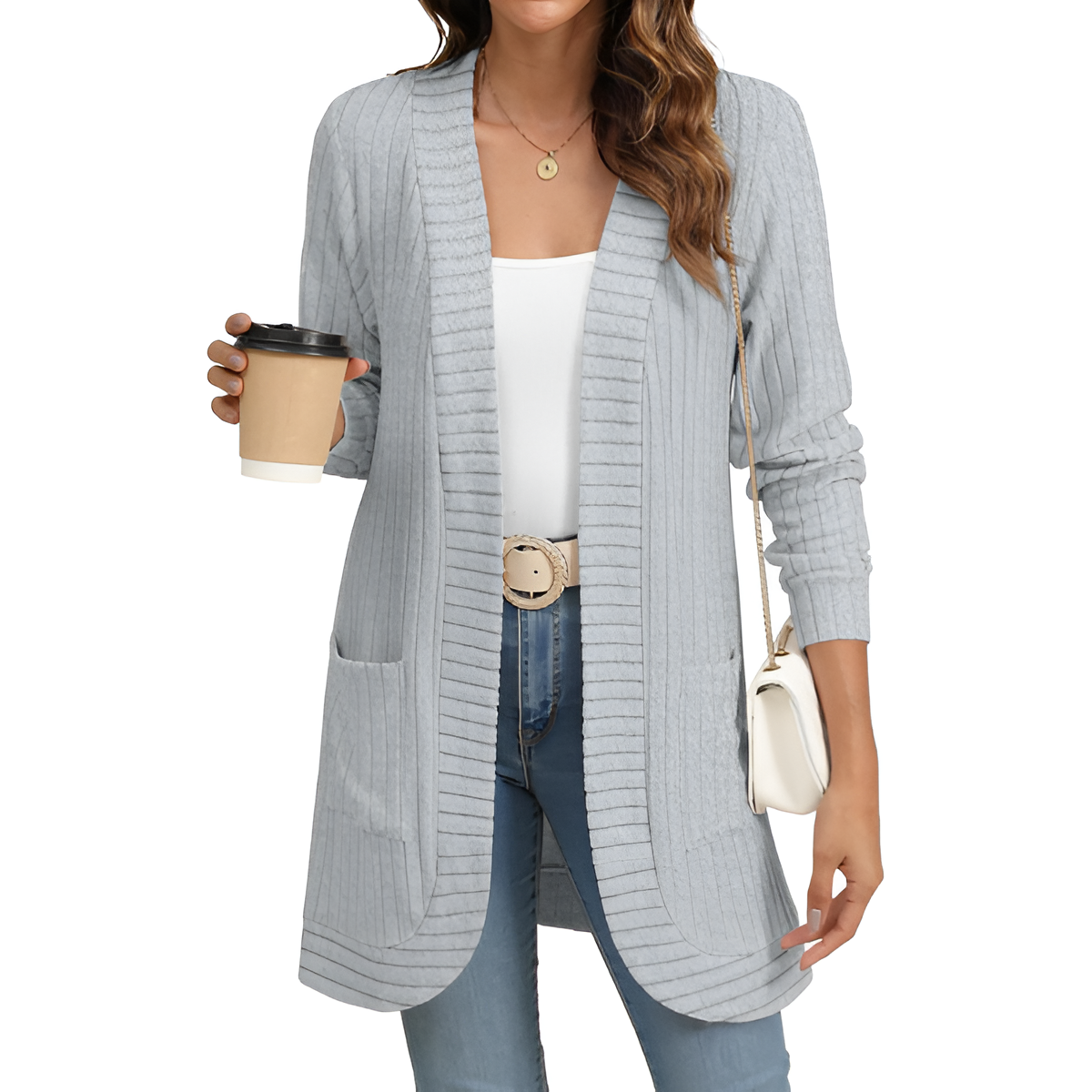 Women Long Sleeve Open Front Cardigan Casual Lightweight Long Cardigans Loose Knit Outwear with Pockets