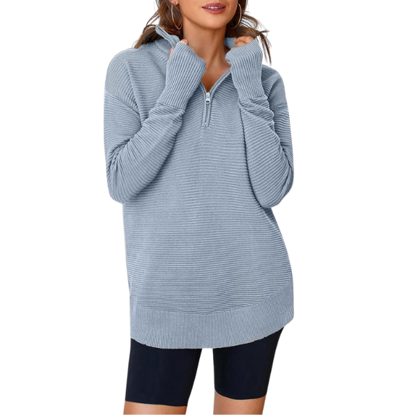 Womens Long Sleeve Quarter Zip Pullover Sweater Casual Loose V Neck Collared Ribbed Knit Jumper Tops Thumb Hole
