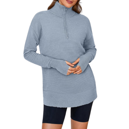 Womens Long Sleeve Quarter Zip Pullover Sweater Casual Loose V Neck Collared Ribbed Knit Jumper Tops Thumb Hole