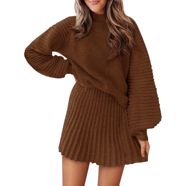 2 Piece Ribbed Knit Puff Sleeve Sweater Top And Mini Skirt Outfit Set