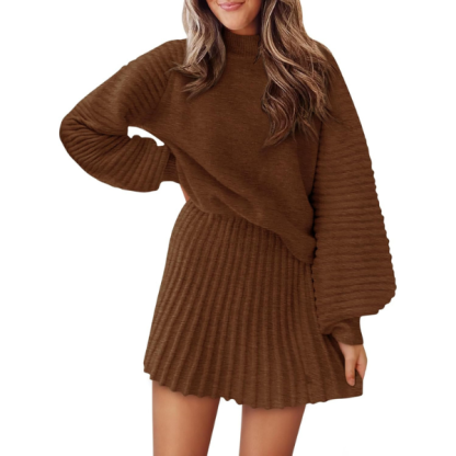 2 Piece Ribbed Knit Puff Sleeve Sweater Top And Mini Skirt Outfit Set