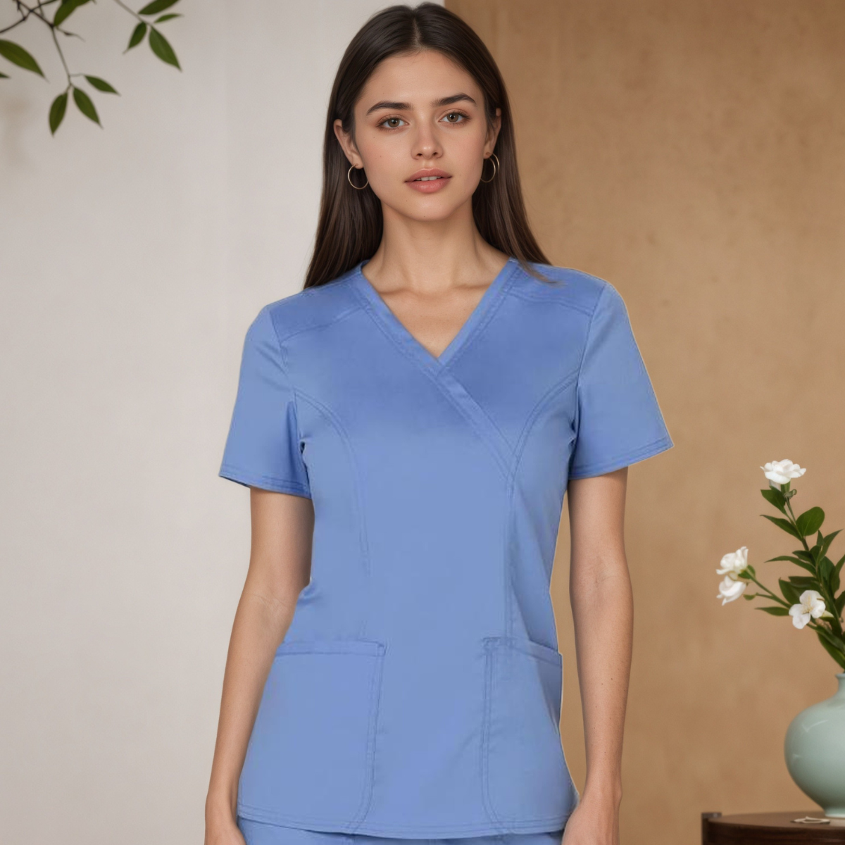 Women Scrubs Mock Wrap Top With 3 Pockets