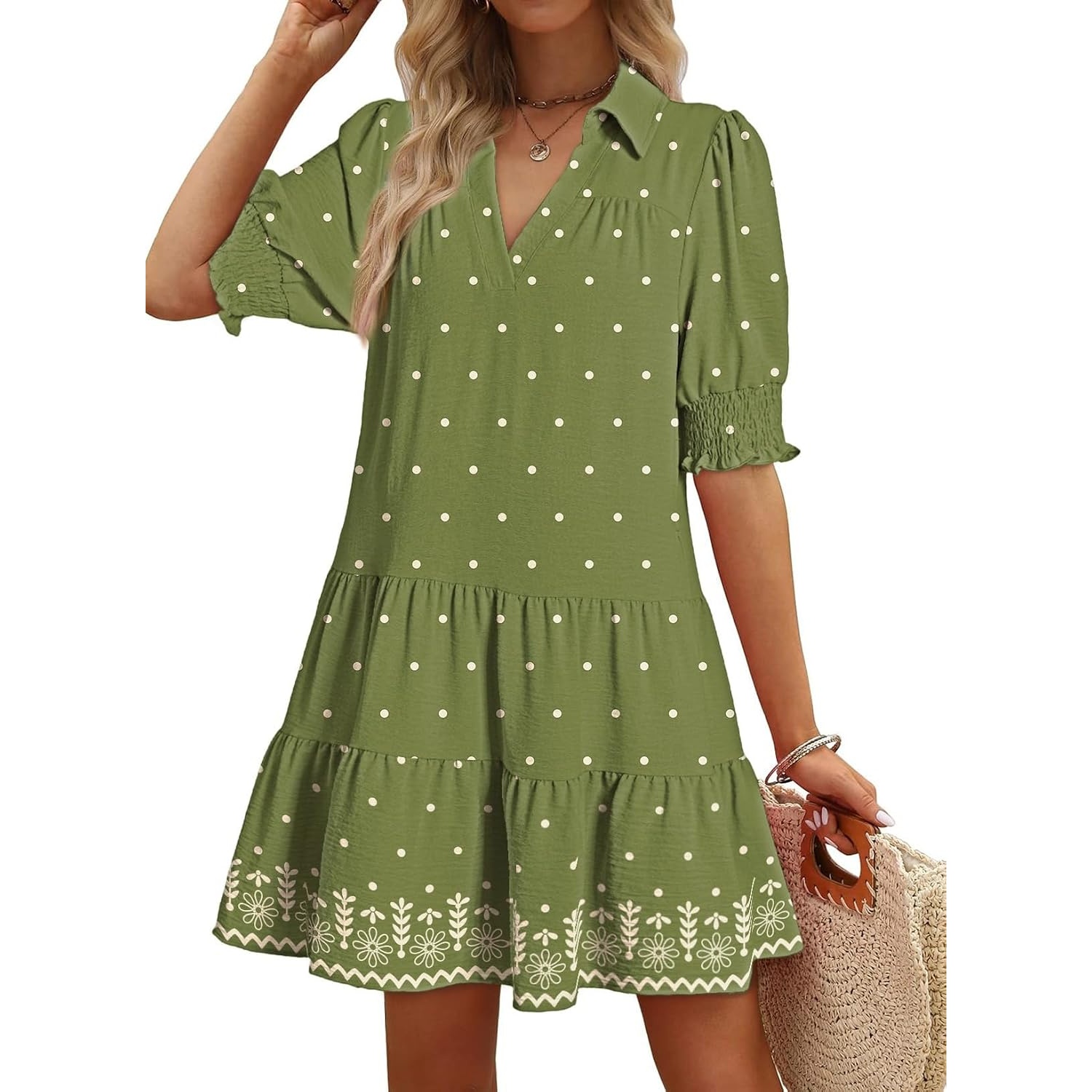 Casual Pleated Summer Lapel Collared Mid Sleeved Dress