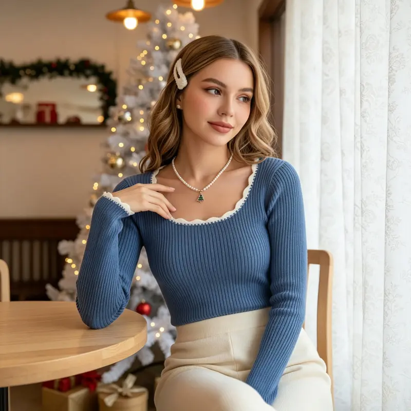 Casual Ribbed Knit Fitted Sweater Top For Women