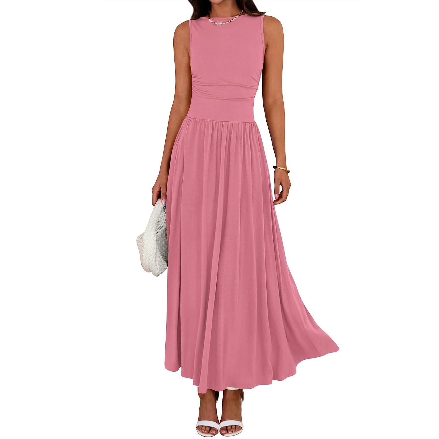 Casual Sleeveless Ruched High Rise Long Dress For Women