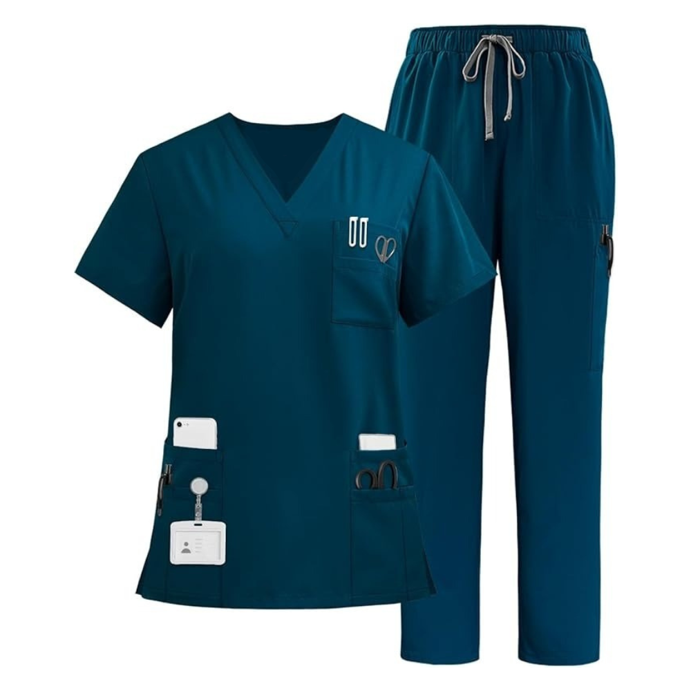  Multiple Pockets Top and Drawstring Scrub Pant Set