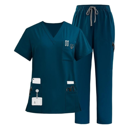  Multiple Pockets Top and Drawstring Scrub Pant Set