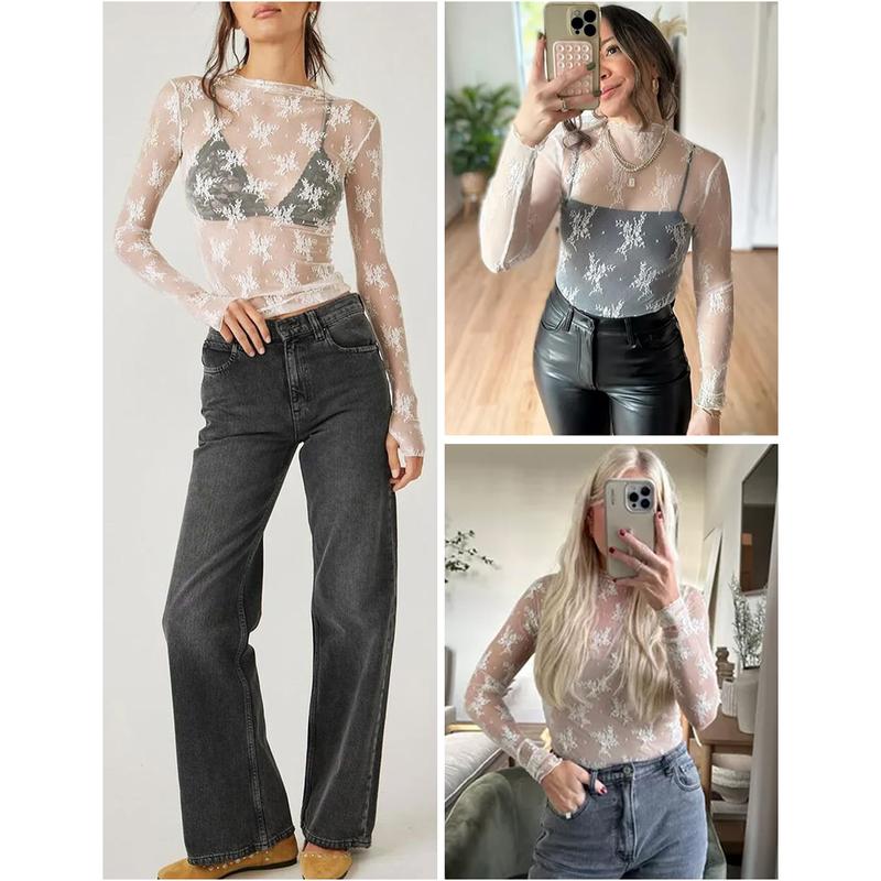 SCUSTY Women's Lace Mesh Tops Long Sleeve Floral Lace Blouse Sheer Mesh Mock Neck Layering Top  with Cowl Neckline & Floral Embroidery for Stylish Layering