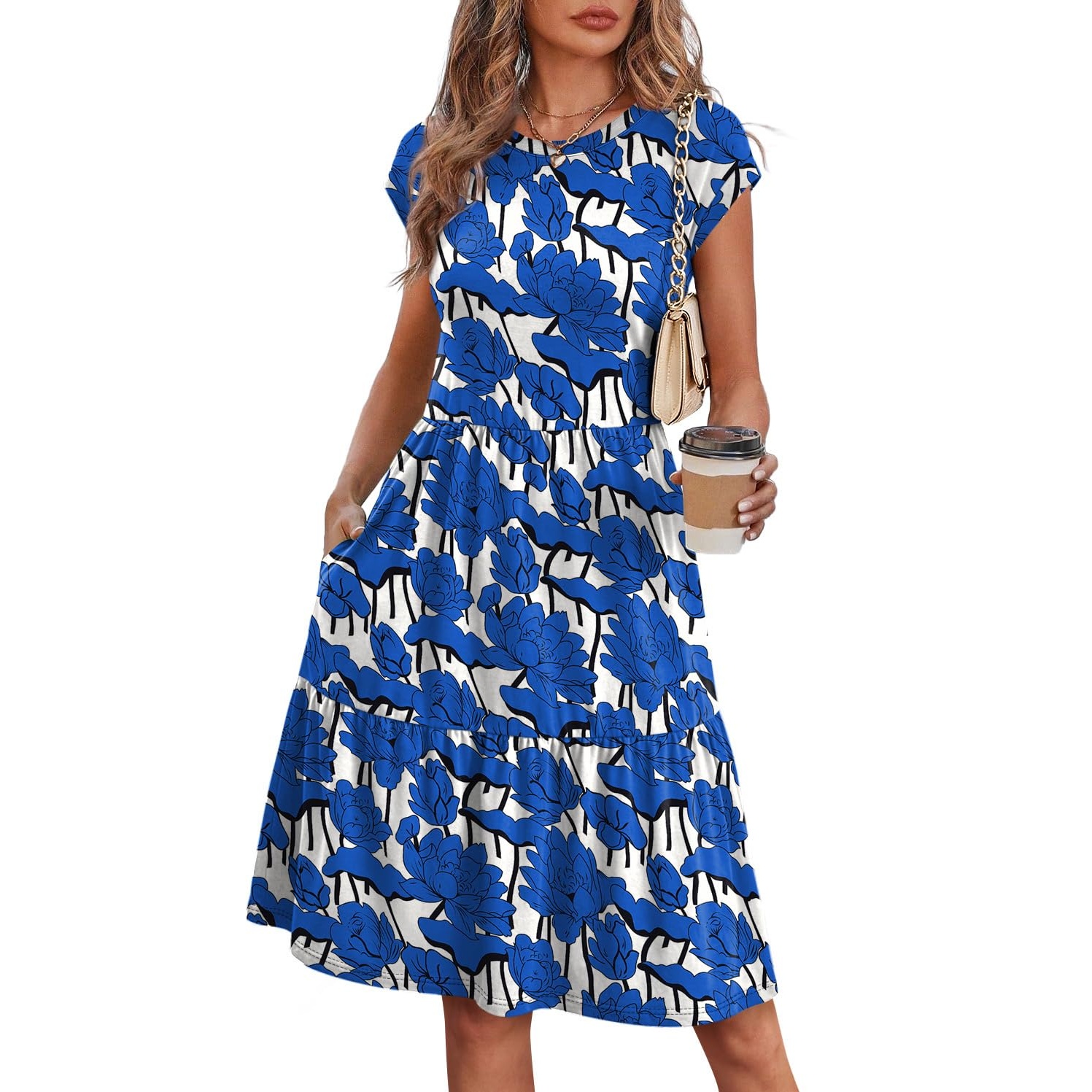 Casual Floral Printed Cap Sleeve Dress For Women