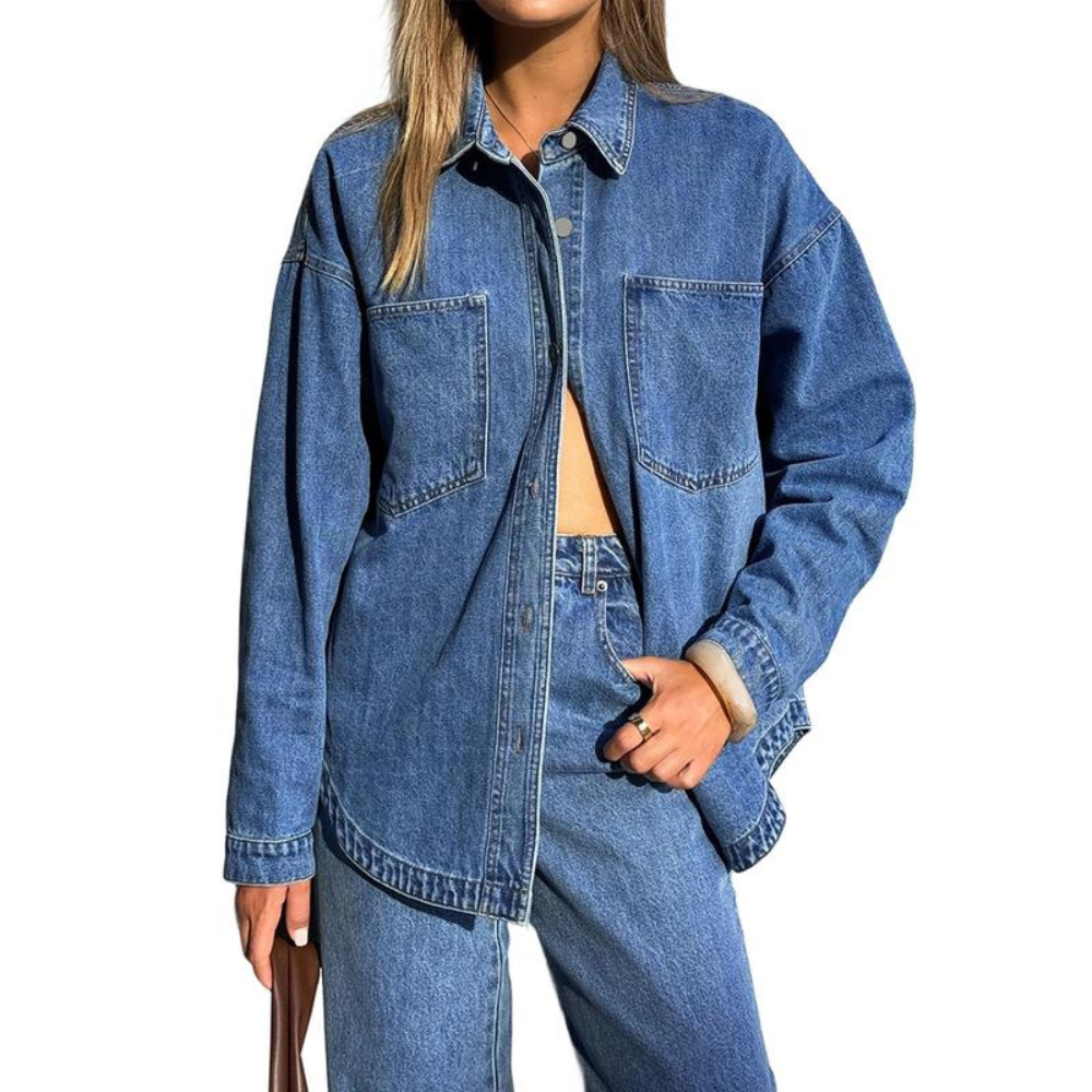 Casual Denim Shirt With Front Button Closure And Dual Pockets For Women