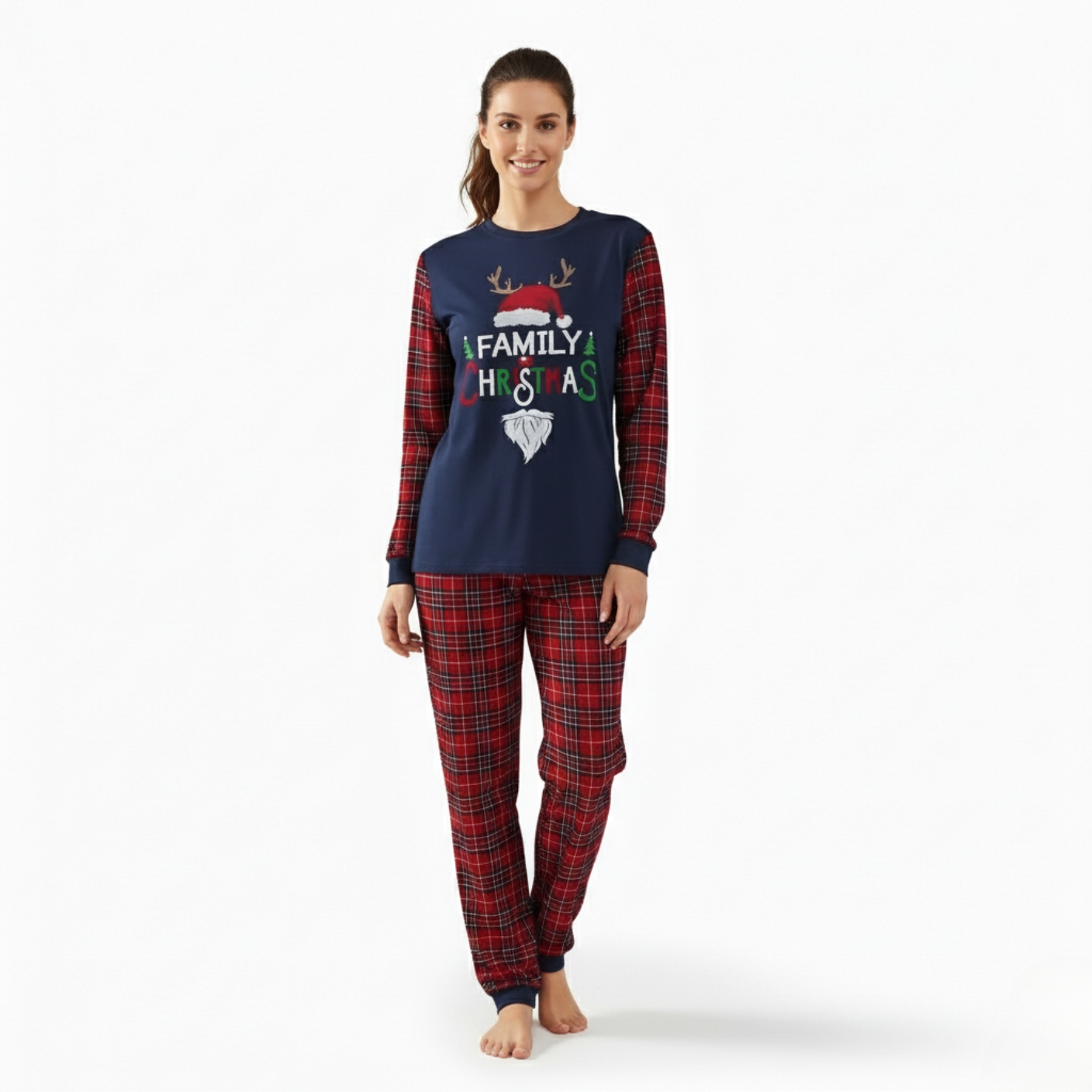 Santa Hat Reindeer Family Christmas Printed Matching Plaid Pajama Set