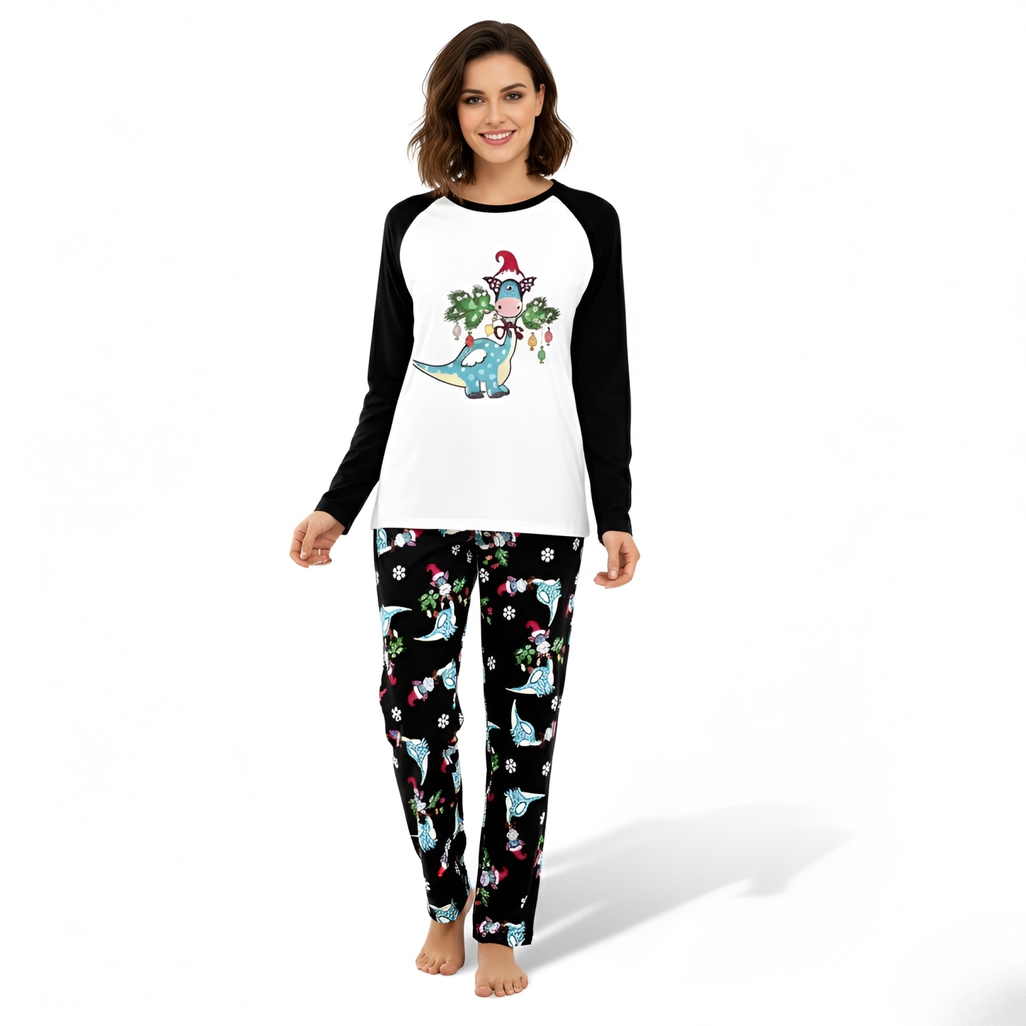 Santa Hat Dinosaur Printed Family Matching Christmas Pajama Set