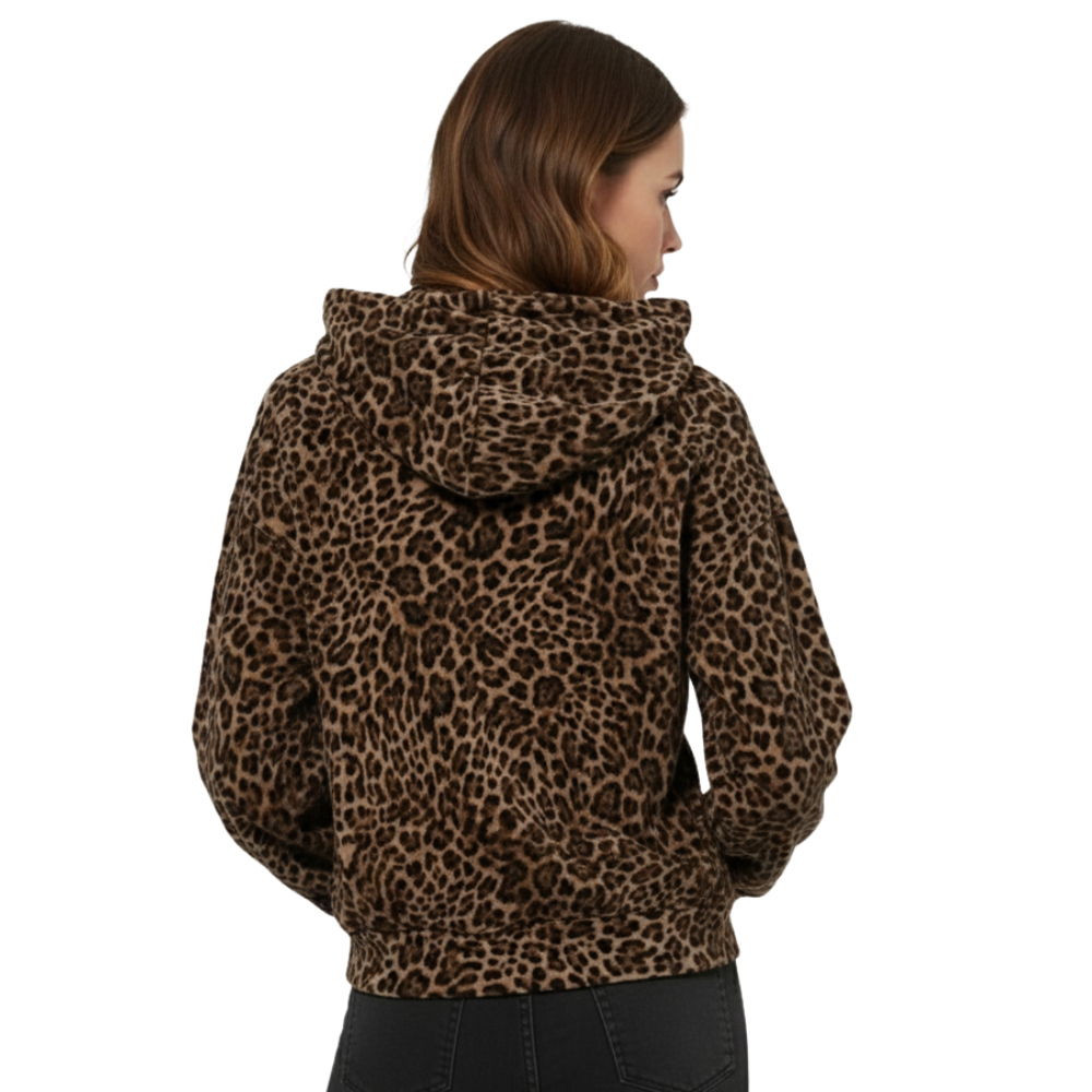 Leopard Print Fleece Hoodie With Embroidered Text