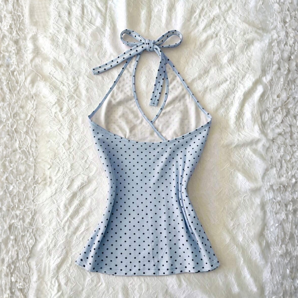 Polka Dot Digital Print Halter Neck Tie Back Tank Tops