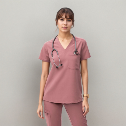 Classic Women Scrub Top With Short Sleeves And Single Chest Pocket