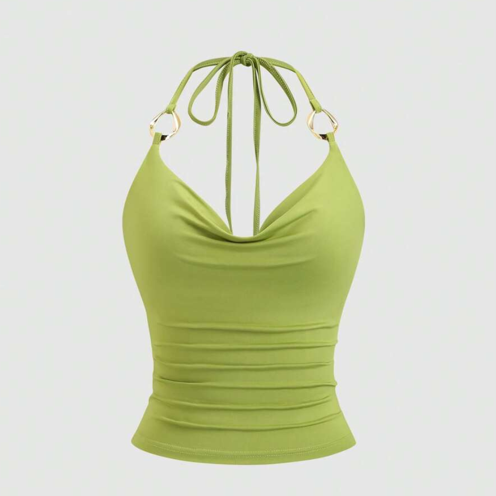 Ring Decor Draped Neck Tie Strap Tank Top