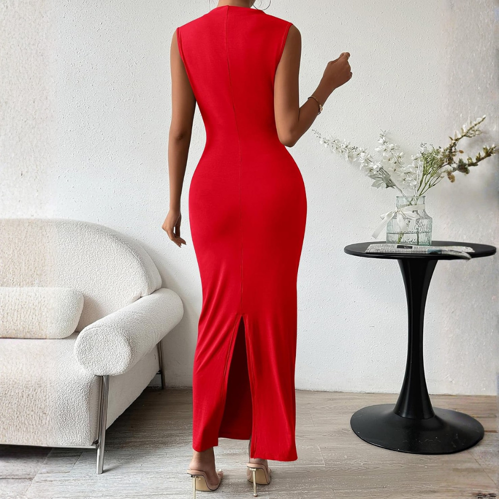 Solid Colored Sleeveless Maxi Dress With Side Slit 