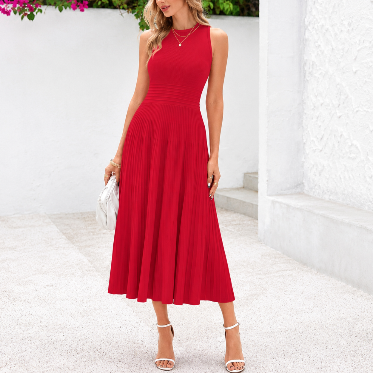 Casual Sleeveless Midi Dress With Pleated Design For Women