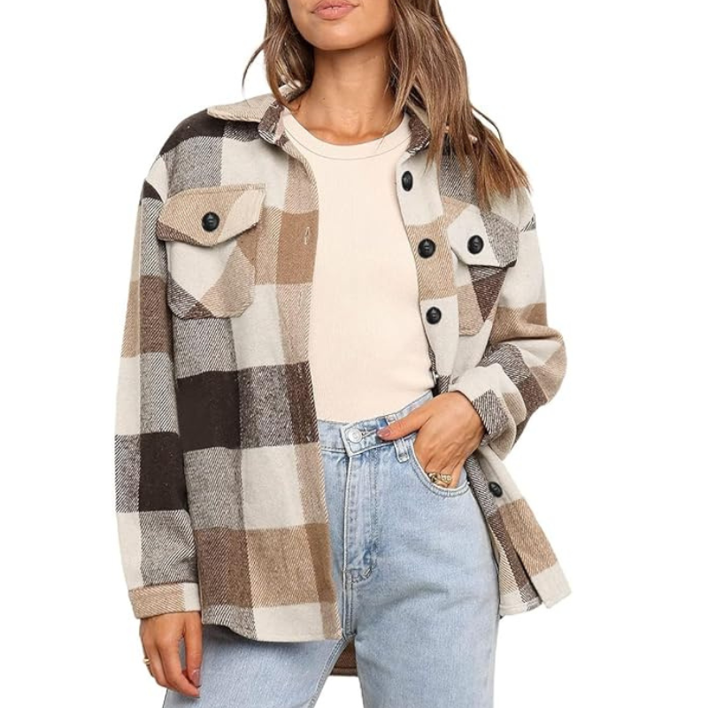 Plaid Flannel Shacket With Long Sleeve Button Down Style For Women