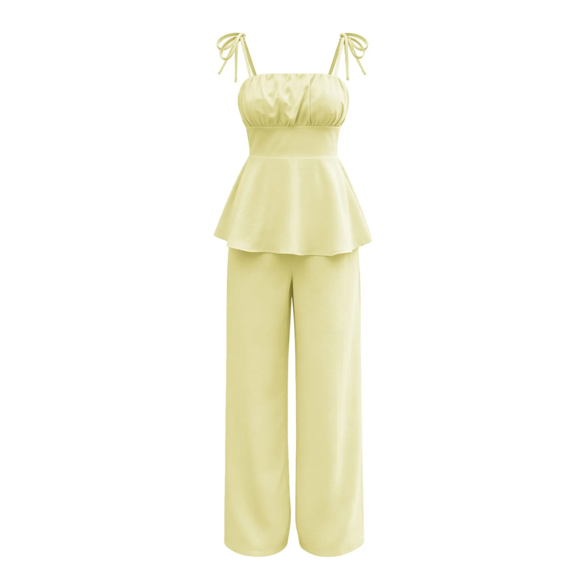 Casual Simple Ruffled Spaghetti Strap Cami Top And Pants Set