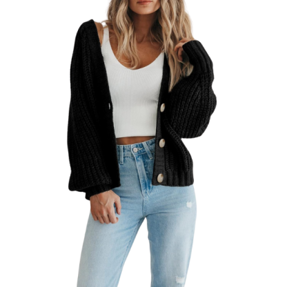 Women's Chunky Knit Open Front Sweater Long Sleeve Button Loose Short Cardigan Outerwear Coats