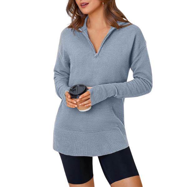 Womens Long Sleeve Quarter Zip Pullover Sweater Casual Loose V Neck Collared Ribbed Knit Jumper Tops Thumb Hole