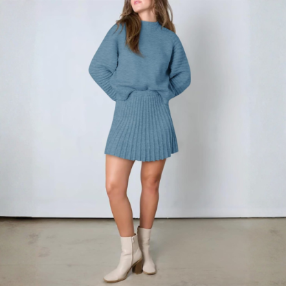 2 Piece Ribbed Knit Puff Sleeve Sweater Top And Mini Skirt Outfit Set