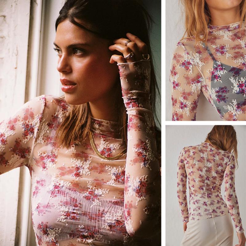 SCUSTY Women's Lace Mesh Tops Long Sleeve Floral Lace Blouse Sheer Mesh Mock Neck Layering Top  with Cowl Neckline & Floral Embroidery for Stylish Layering