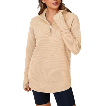 Womens Long Sleeve Quarter Zip Pullover Sweater Casual Loose V Neck Collared Ribbed Knit Jumper Tops Thumb Hole