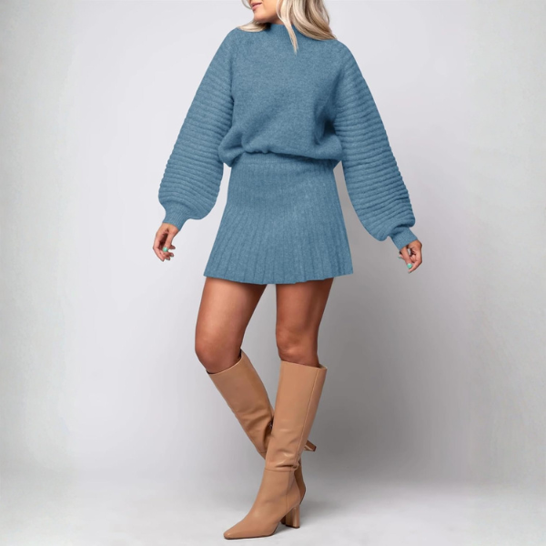 2 Piece Ribbed Knit Puff Sleeve Sweater Top And Mini Skirt Outfit Set