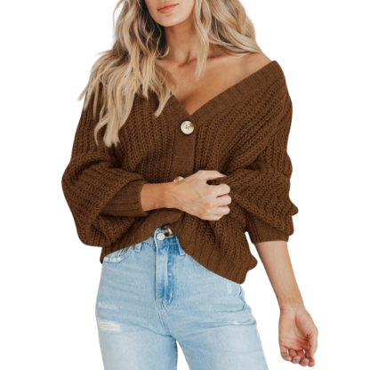 Women's Chunky Knit Open Front Sweater Long Sleeve Button Loose Short Cardigan Outerwear Coats