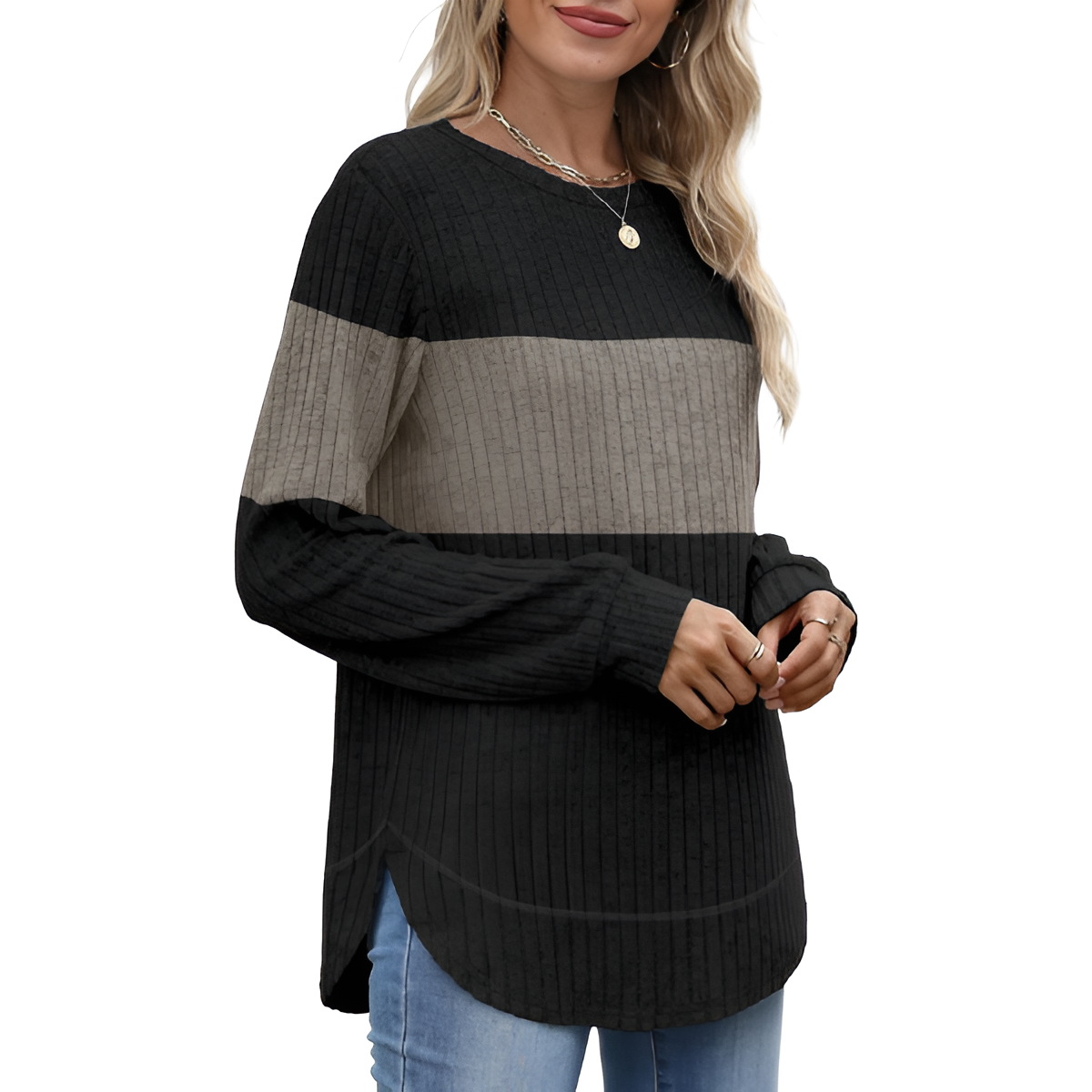 Tunic Tops for Women Loose Fit Dressy Long Sleeve Shirts Womens Sweaters Crew Neck Fall Clothing with Curved Hem