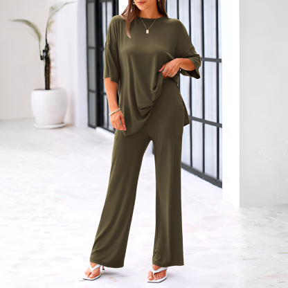 2 Piece Summer Lounge Set With Short Sleeve Top And Pants For Women