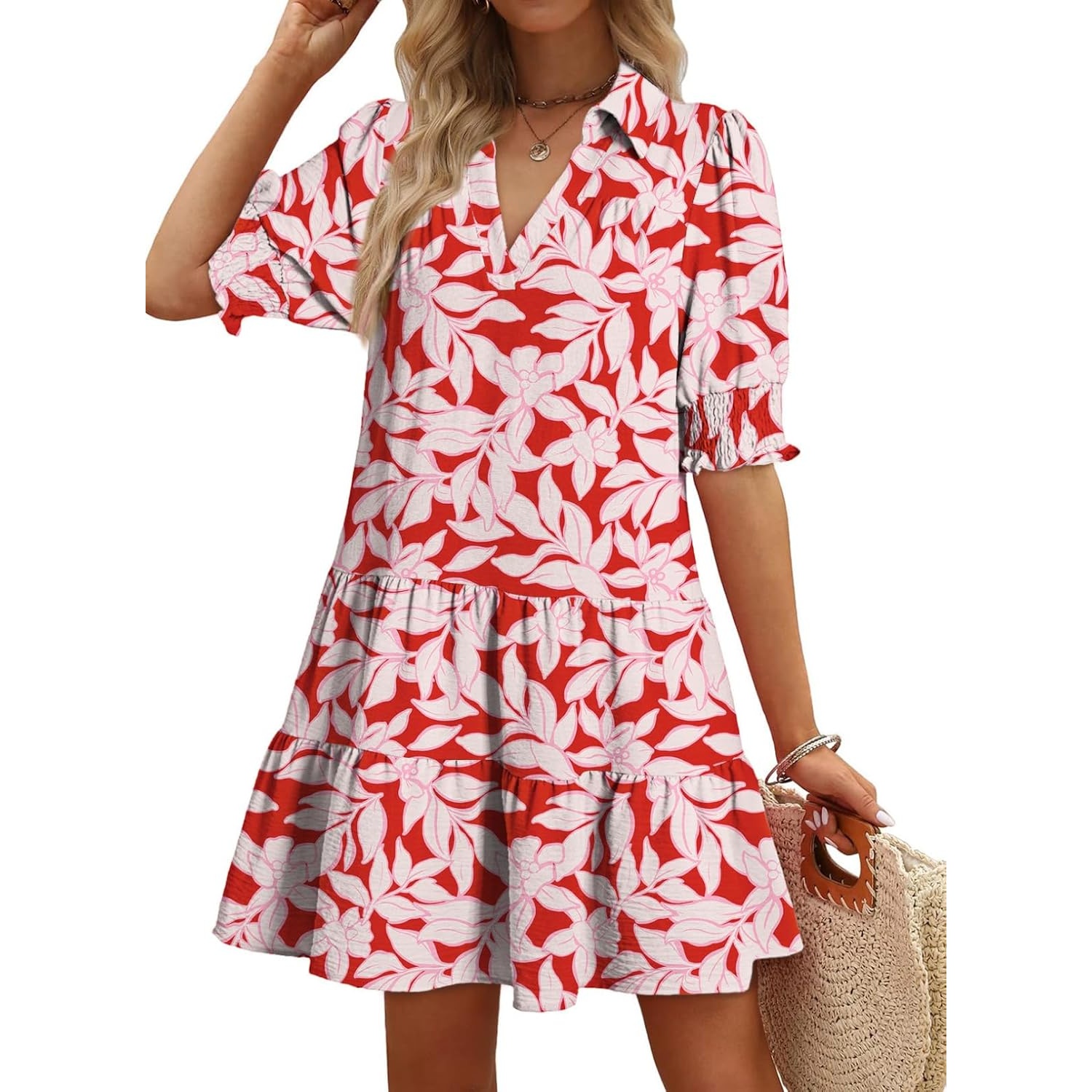 Casual Pleated Summer Lapel Collared Mid Sleeved Dress